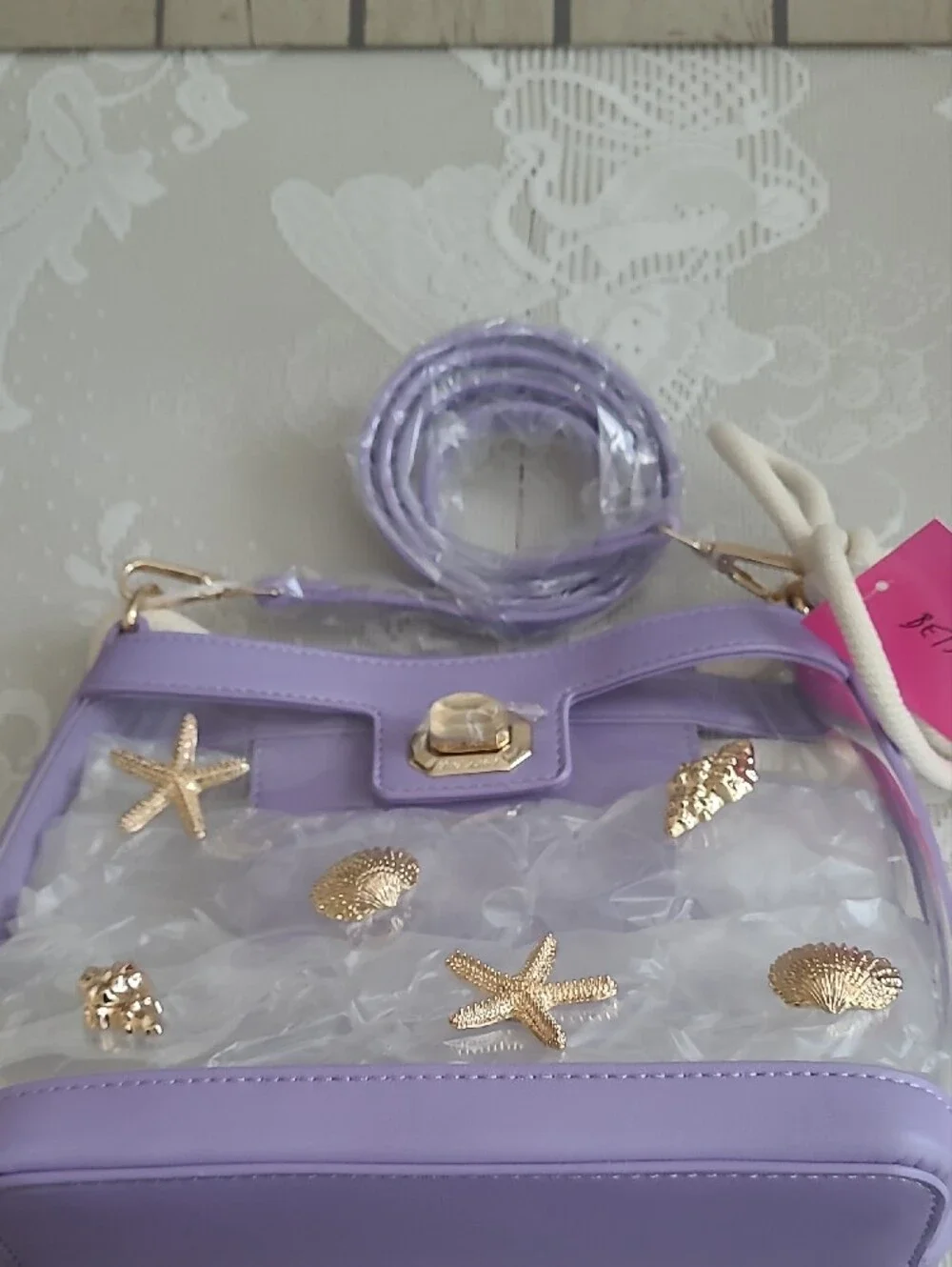 Women’s Clear Purple Beach Phone Case Crossbody with Gold Shell Accents